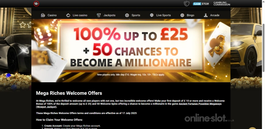 mega riches casino welcome offer